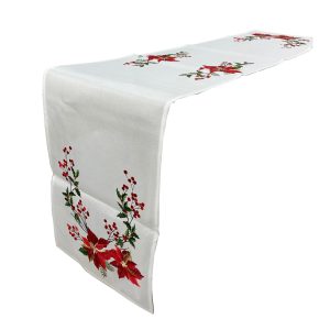 Camino De Mesa Navideño Blanco Con Gardernias Rojas