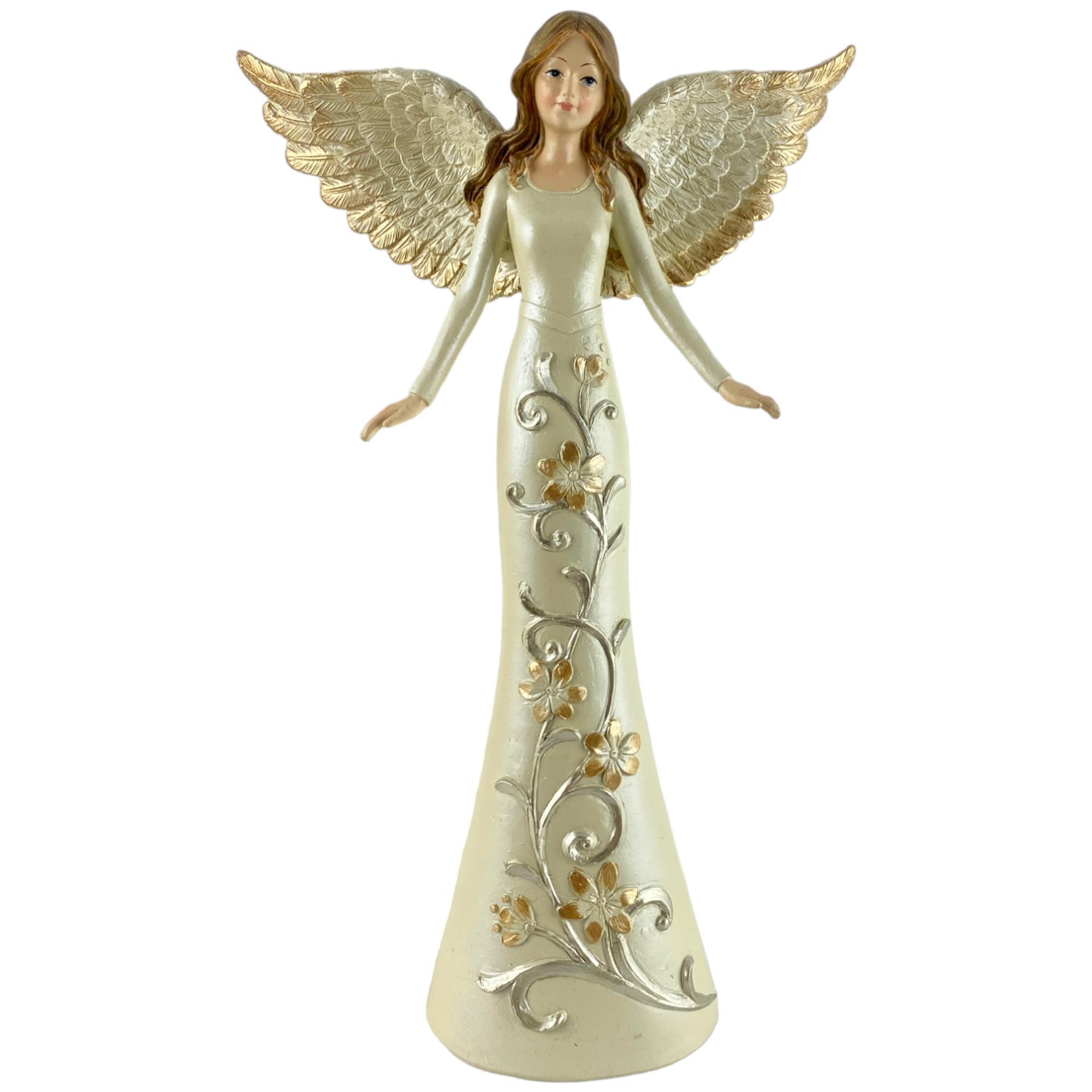 Angel Decorativo Con Vestido Floreado En Tonos Dorados Y Brazos Extendidos