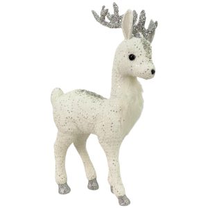 Reno De Pie Decorativo Blanco Con Lentejuelas Plateadas
