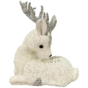 Reno Sentado Decorativo Blanco Con Lentejuelas Plateadas