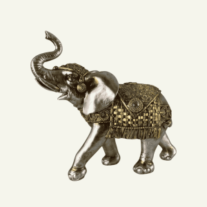 Elefante Regale – Escultura Decorativa de Elefante con Ornamentos Étnicos en Plata y Dorado