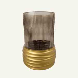 Jarrón “Cilindro Imperiale” – Vidrio Acanalado & Base Dourada 19x26cm