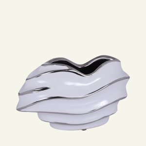 Florero “Onda Lucente” – Cerámica Iridiscente en Blanco y Cromo 23x10x14 cm