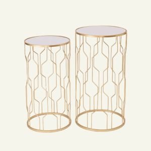 Linea Dorata – Juego de Mesas Esquineras con Patrón Geométrico y Vidrio Espejado